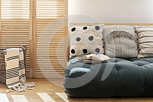 Scandinavian futon with pillows in spacious living room interior of modern apartment photo