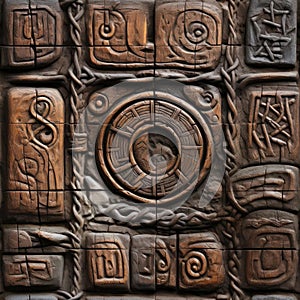 Wooden sculpture of ancient symbols with textured canvases (tiled)