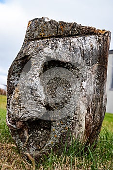 Wooden Sculpture of Troll Head Or Fairy Tale Creature