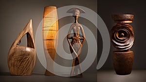 wooden sculptures inspired by different cultures or traditions