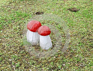 Wooden sculptures of mushrooms