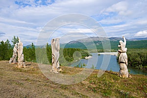 Wooden sculptures over the Sob river, Yamal