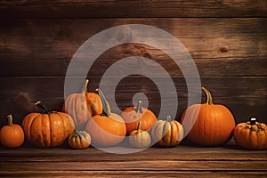 wooden season wood halloween autumn fall old pumpkin background leaf orange. Generative AI.