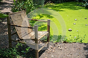 Wooden seat bamboo chair beside the natural green pond for relaxation vibe outdoor of home garden design decoration