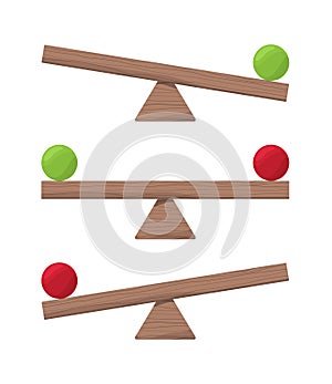 Wooden seesaw. Balance scale or equilibrio items vector flat illustrations photo