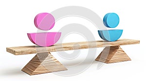 Wooden seesaw with a pink female symbol on one end and a blue male sign at the other, white background, concept of