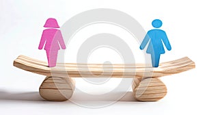 Wooden seesaw with a pink female symbol on one end and a blue male sign at the other, white background, concept of