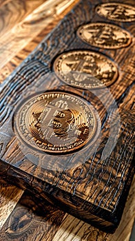 Wooden serving platter with engraved bitcoin patterns