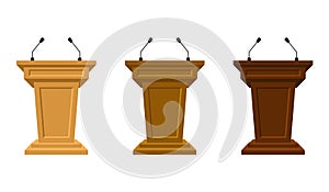 Wooden set of three colored tribunes stand rostrum with microphones. Podium or pedestal stand for speech or public