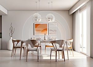 Wooden setted dining table and chairs in scandinavian interior design of modern dining room with window. Created with generative