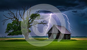 Wooden shack stands in a dramatic landscape with lightning storm behind