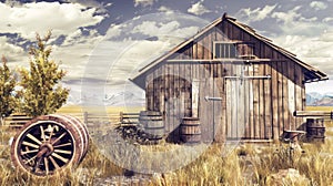 A wooden shack with a wagon wheel in the background, AI