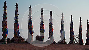 Wooden shaman totems at Burhan Cape, Baikal Lake