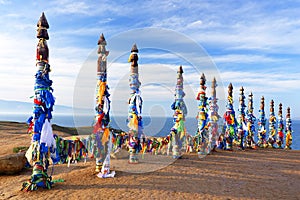 Wooden shaman totems at Burhan Cape, Baikal Lake