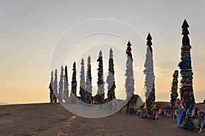 Wooden shaman totems at Burhan Cape, Baikal Lake, Russian Federation