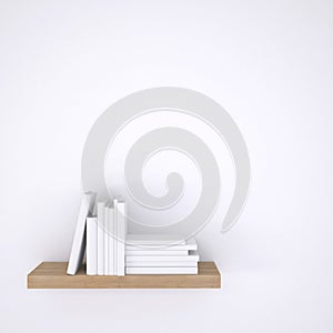 Wooden shelf with books on white wall background