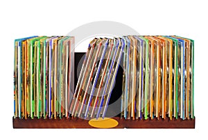 Wooden shelf with colorful cd and dvd disks isolated on white ba