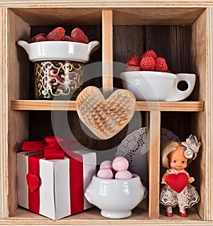 Wooden shelf decorated for Valentine