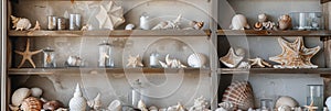 Wooden shelf filled with diverse seashell collection, featuring starfish and decorative jars banner. Panoramic web