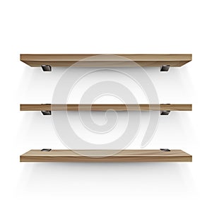 Wooden shelf mockup. Three empty shelves template. Realistic bookshelf design.