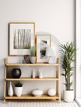 Wooden shelf with plants and framed pictures in front of a white wall