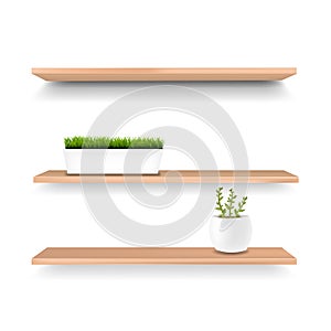 Wooden Shelf And Pot Isolated White Background