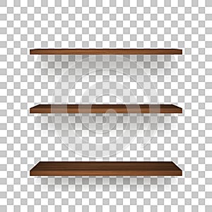 Wooden shelf on transparent background with soft shadow.