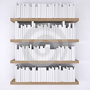 Wooden shelfs with books on white wall background