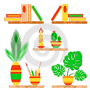 Wooden shelves with books, candle, potted plants, vase, pencils and tassels. Vector illustration isolated on white