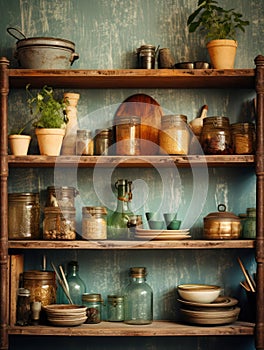 Wooden shelves with kitchen utensils. Atmospheric tradition Italian kitchen interior in vintage style, vertical image.