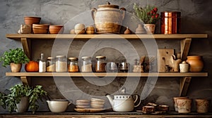 Wooden shelves with kitchen utensils and plants. Atmospheric tradition European kitchen interior in vintage style.
