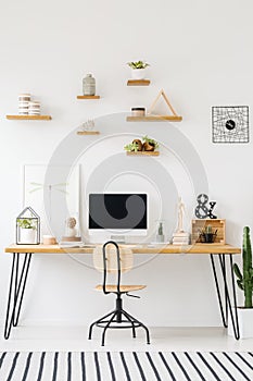 Wooden shelves with plants and pots on a white wall, above an in