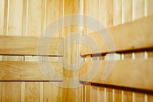 Wooden shelves in the sauna