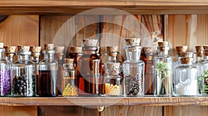 Wooden shelves stocked with various homeopathy bottles. Classic pharmacy setting. Concept of botanical pharmacy