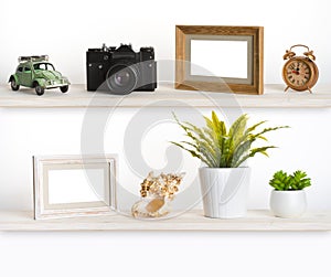 Wooden shelves with travel memory related objects