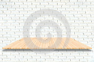 wooden shelves and white brick wall background. For product display.