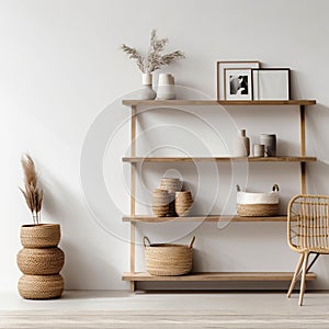 Wooden shelving unit near white wall. Storage organization for home. Interior design of modern living room. Created with