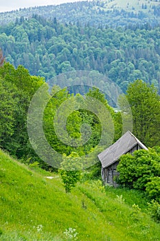 Wooden shepherd`s house in the mountains