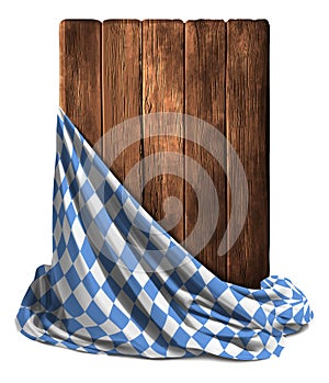 Wooden shield decorated with blue and white fabric. Realistic illustration