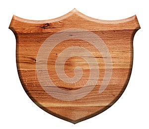 Wooden shield isolated on white. Natural oak wood