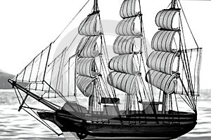 Wooden ship, black and white image, blurred background