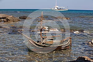 Wooden ship figurine. Chrissi island