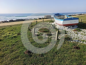 A wooden ship on a promenade in pouldreuzic, finistere, Brittany, france