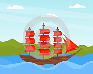 Wooden Ship with Red Sails Floating on Blue Water as Marine and Sea Transport and Vessel Vector Illustration