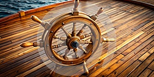 A wooden ship s steering wheel is on a wooden deck AI-Created Content photo