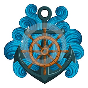 Wooden ship`s wheel and anchor with blue waves.