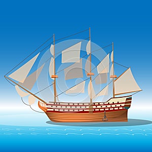 Wooden ship in sea.