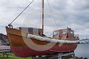 A wooden ship stands on land. Oland, Sweden