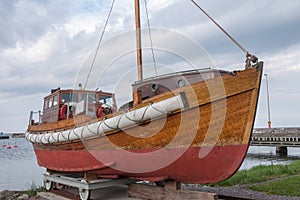 A wooden ship stands on land. Oland, Sweden