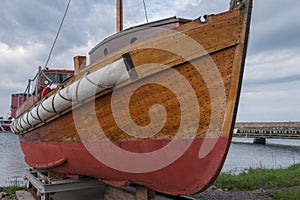 A wooden ship stands on land. Oland, Sweden